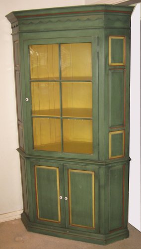 Appraisal: PAINTED CORNER CUPBOARD Upper section with glass front door lower