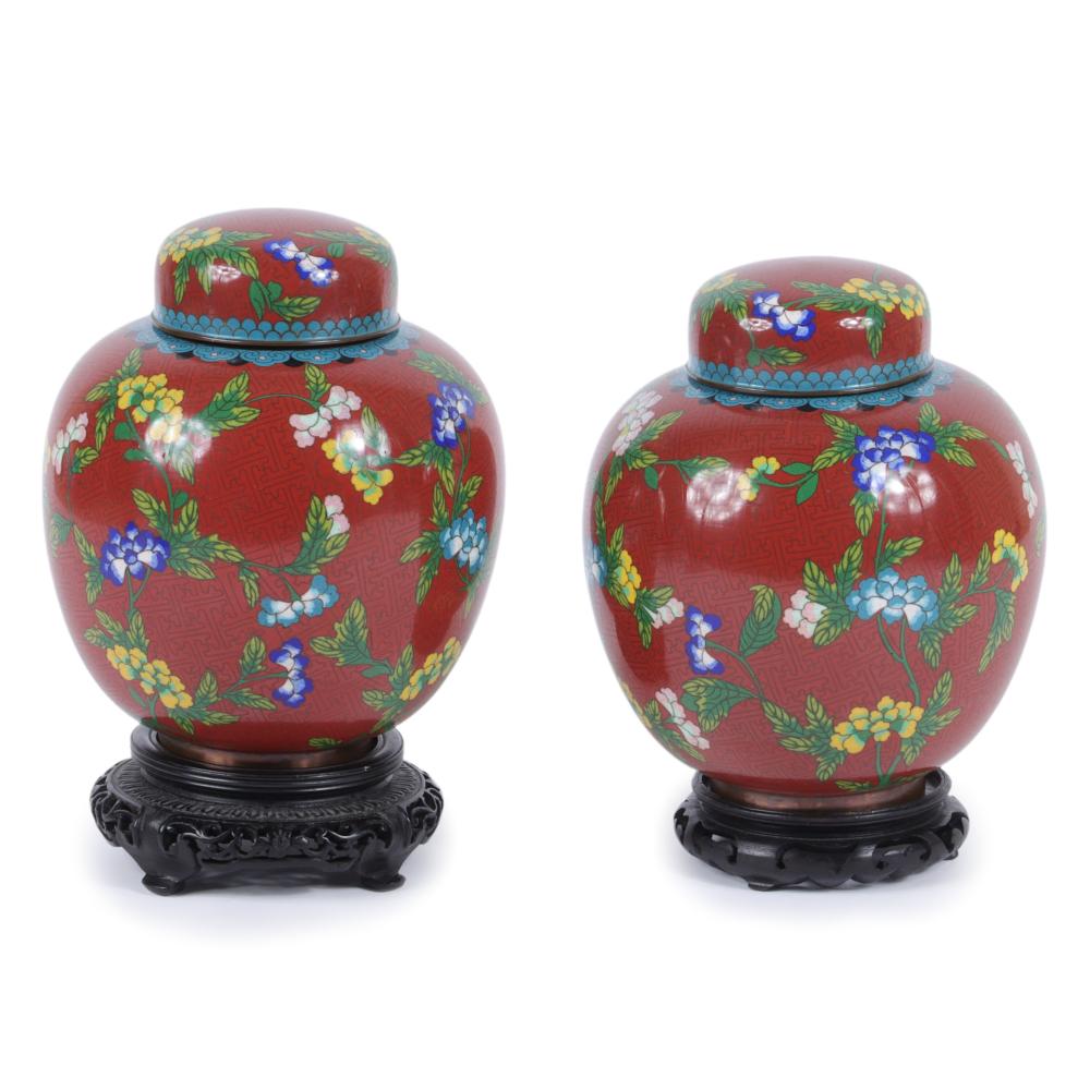 Appraisal: PAIR CHINESE CLOISONNE GINGER JARS ON STANDS H X DIAM