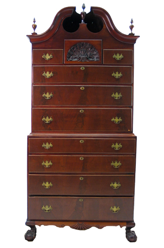 Appraisal: A CHIPPENDALE BONNET-TOP MAHOGANY CHEST-ON-CHEST American th century elements The