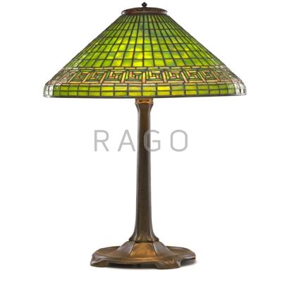 Appraisal: TIFFANY STUDIOS Tall table lamp with Greek Key shade New