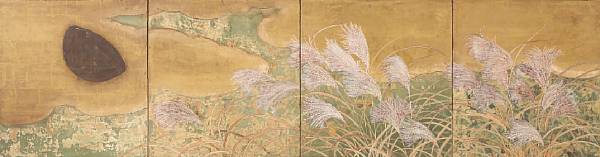 Appraisal: Anonymous Edo Period Grasses and moon Small four panel screen