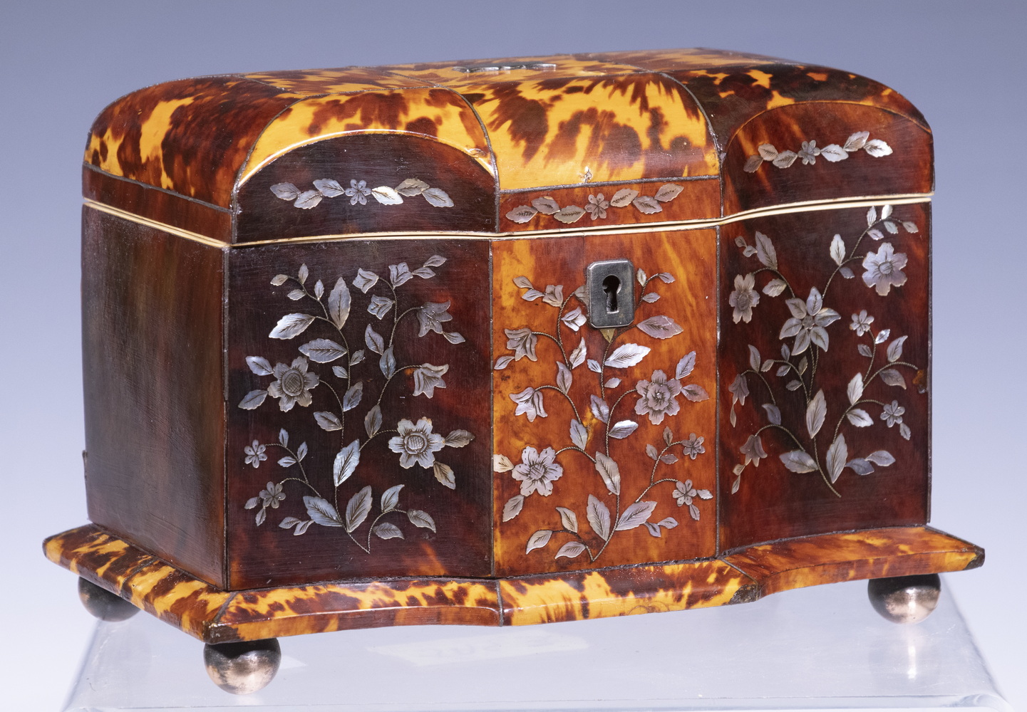 Appraisal: TORTOISESHELL AND MOTHER-OF-PEARL TEA CADDY English Regency Era Inlaid Tortoiseshell