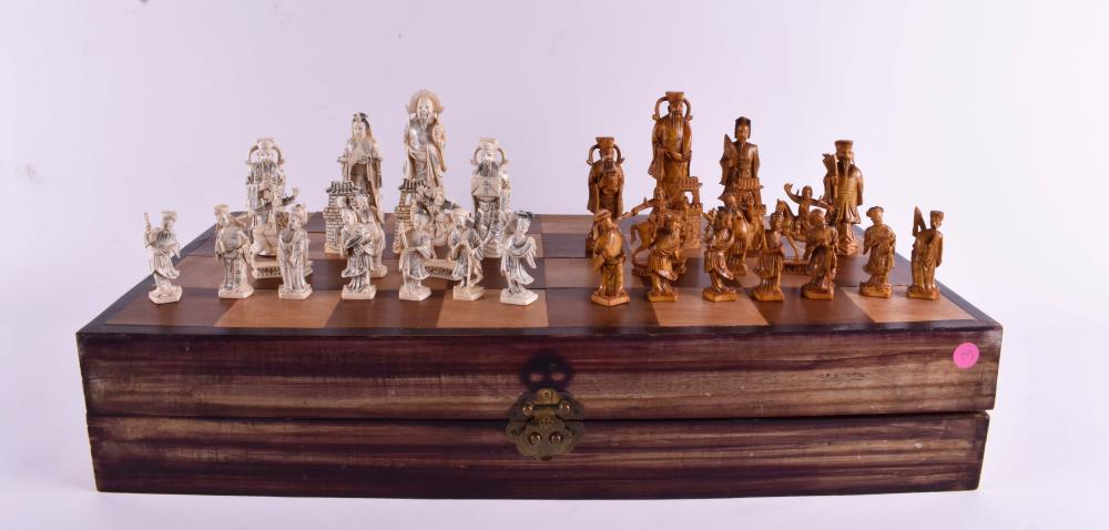 Appraisal: CHINESE CARVED BONE CHESS SET th Century The figures well