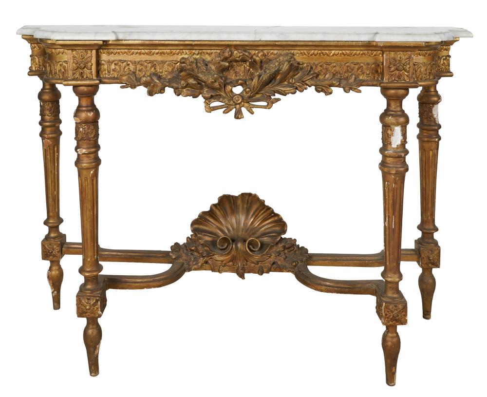 Appraisal: LOUIS XVI-STYLE MARBLE-TOP GILTWOOD CONSOLECondition chipped losses to gilding damage