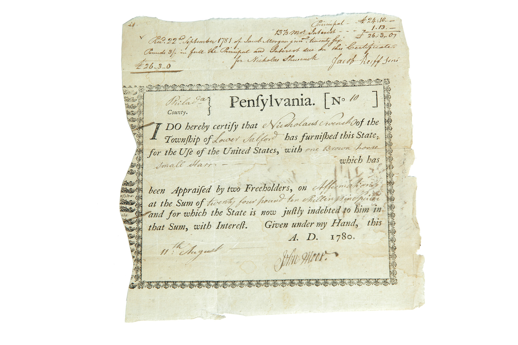 Appraisal: SALE BILL FOR A HORSE FOR USE IN THE REVOLUTIONARY