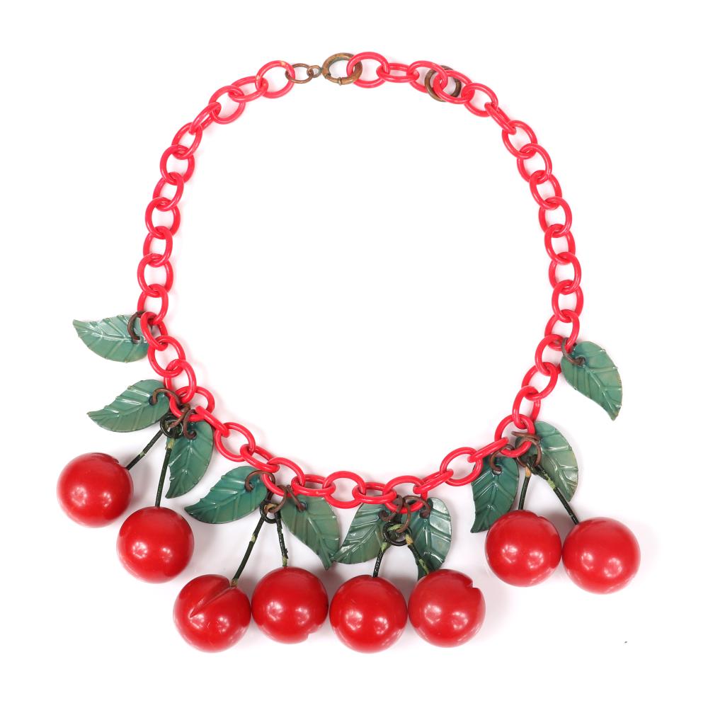 Appraisal: VINTAGE BAKELITE RED CHERRY FRUIT DANGLE BIB NECKLACE ON CELLULOID