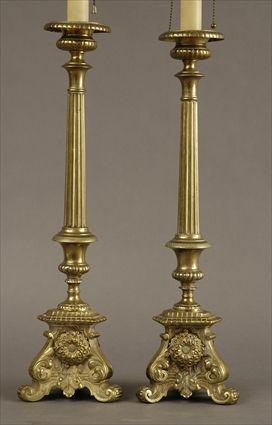 Appraisal: Two Similar Baroque-Style Brass Pricket Sticks Mounted as Lamps in