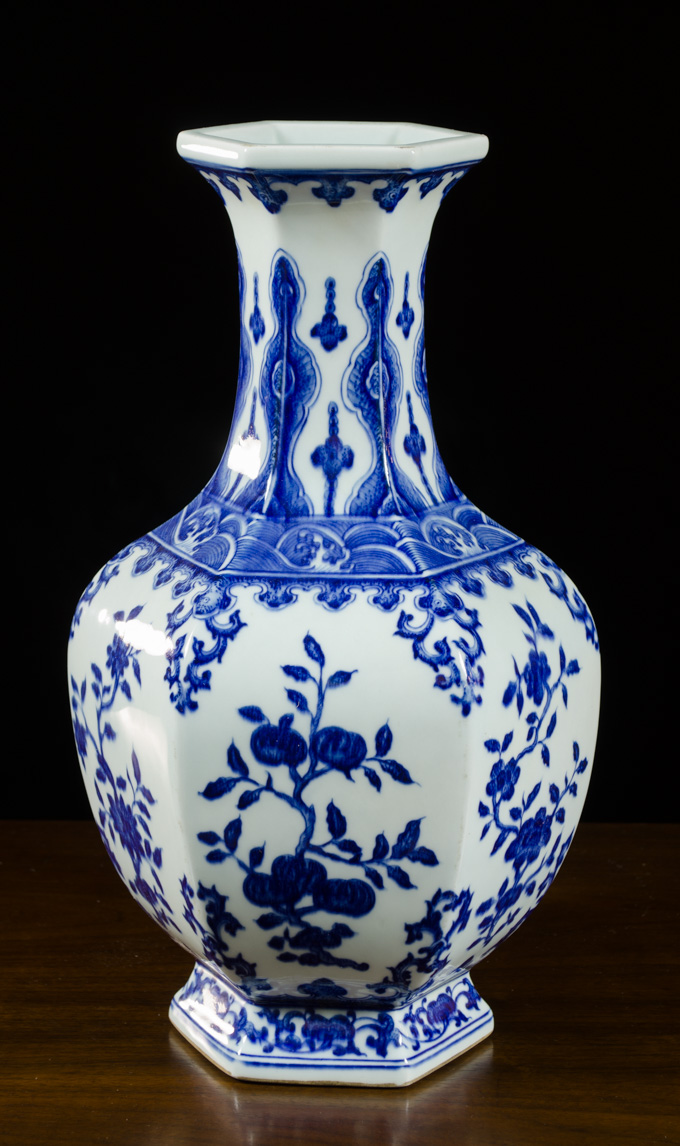 Appraisal: CHINESE QING STYLE PORCELAIN BLUE AND WHITE VASE hexagonal baluster