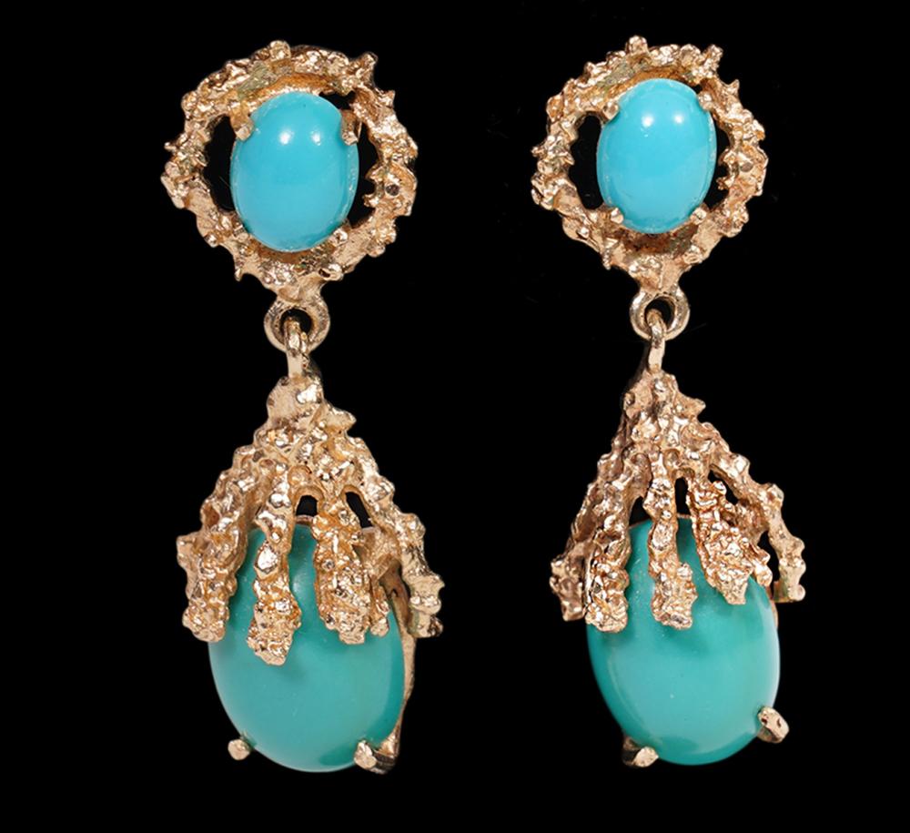 Appraisal: PR NATURAL PERSIAN TURQUOISE K YG EARRINGSPair of K yellow