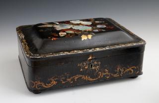 Appraisal: English Inlaid Black Lacquer Papier Mache Dresser Box th c