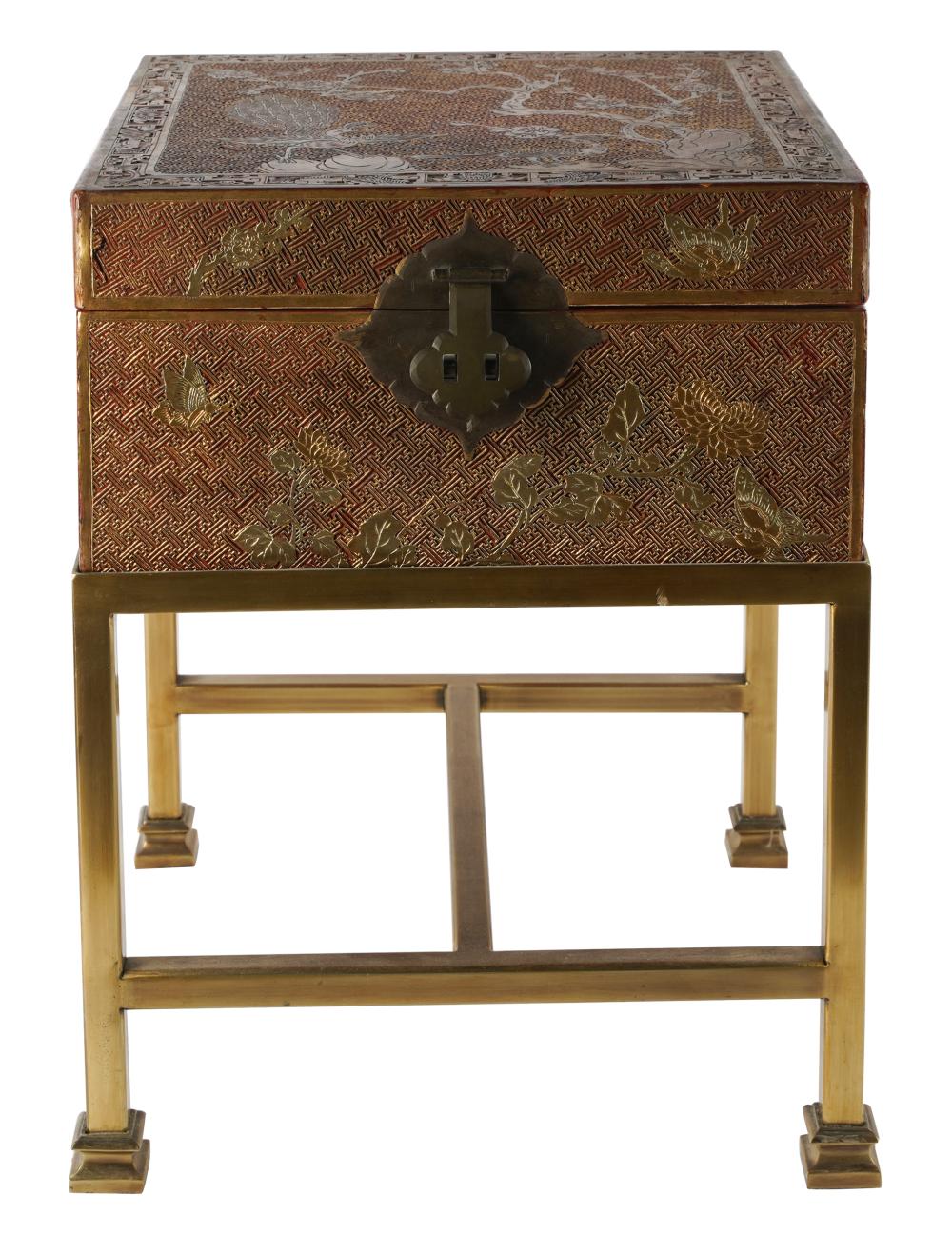 Appraisal: CHINESE BOX ON STANDgilt and lacquered leather on brass base