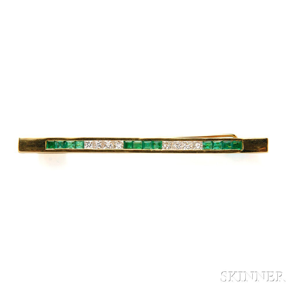 Appraisal: kt Gold Emerald and Diamond Bar Pin channel-set with square-cut