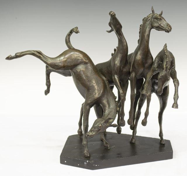 Appraisal: Patinated bronze sculpture depicting four bucking broncos rising on metal