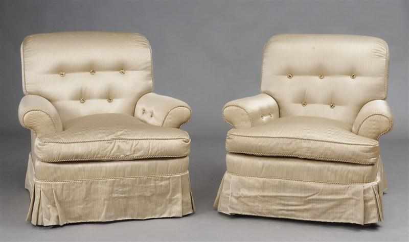 Appraisal: PAIR OF STRIPPED SILK UPHOLSTERED ARMCHAIRS With roll-over crests and