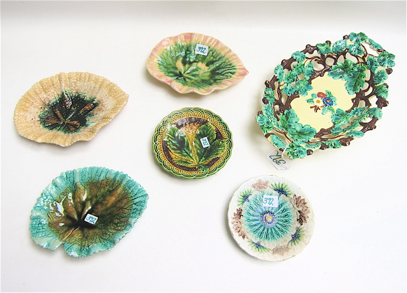 Appraisal: SIX MAJOLICA POTTERY BOWLS having oak tree leaves on border