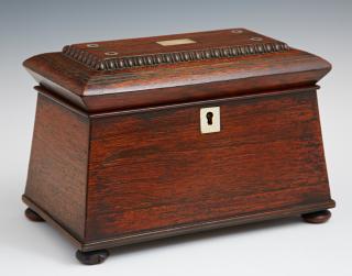 Appraisal: English Carved Inlaid Rosewood Tea Caddy c of sarcophagus form