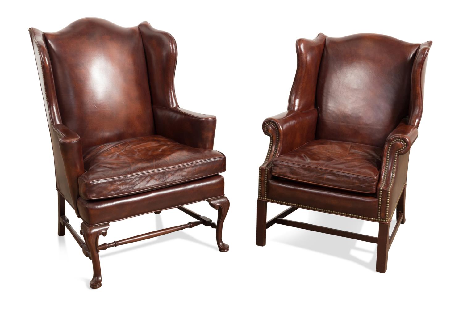 Appraisal: TWO HICKORY CHAIR LEATHER WINGBACK CHAIRS Two Hickory Chair leather