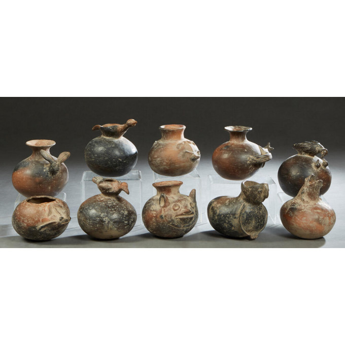 Appraisal: Group of Ten Pre-Columbian Style Pottery Circular Vessels with relief