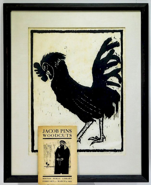 Appraisal: Jacob Pins Large Rooster Woodblock Print Jacob Pins Large Rooster