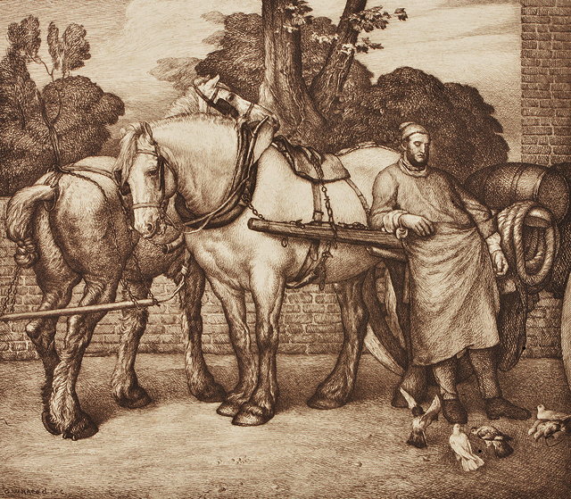 Appraisal: GEORGE WOOLLISCROFT RHEAD - SHIREHORSES PULLING A CART WITH BARRELS