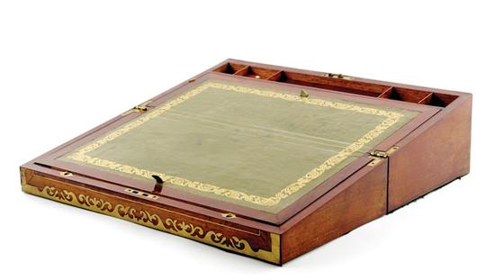 Appraisal: English mahogany and brass-trimmed writing box late th century rectangular