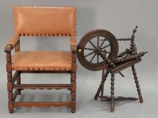 Appraisal: Jacobean style oak armchair with leather seat and back along