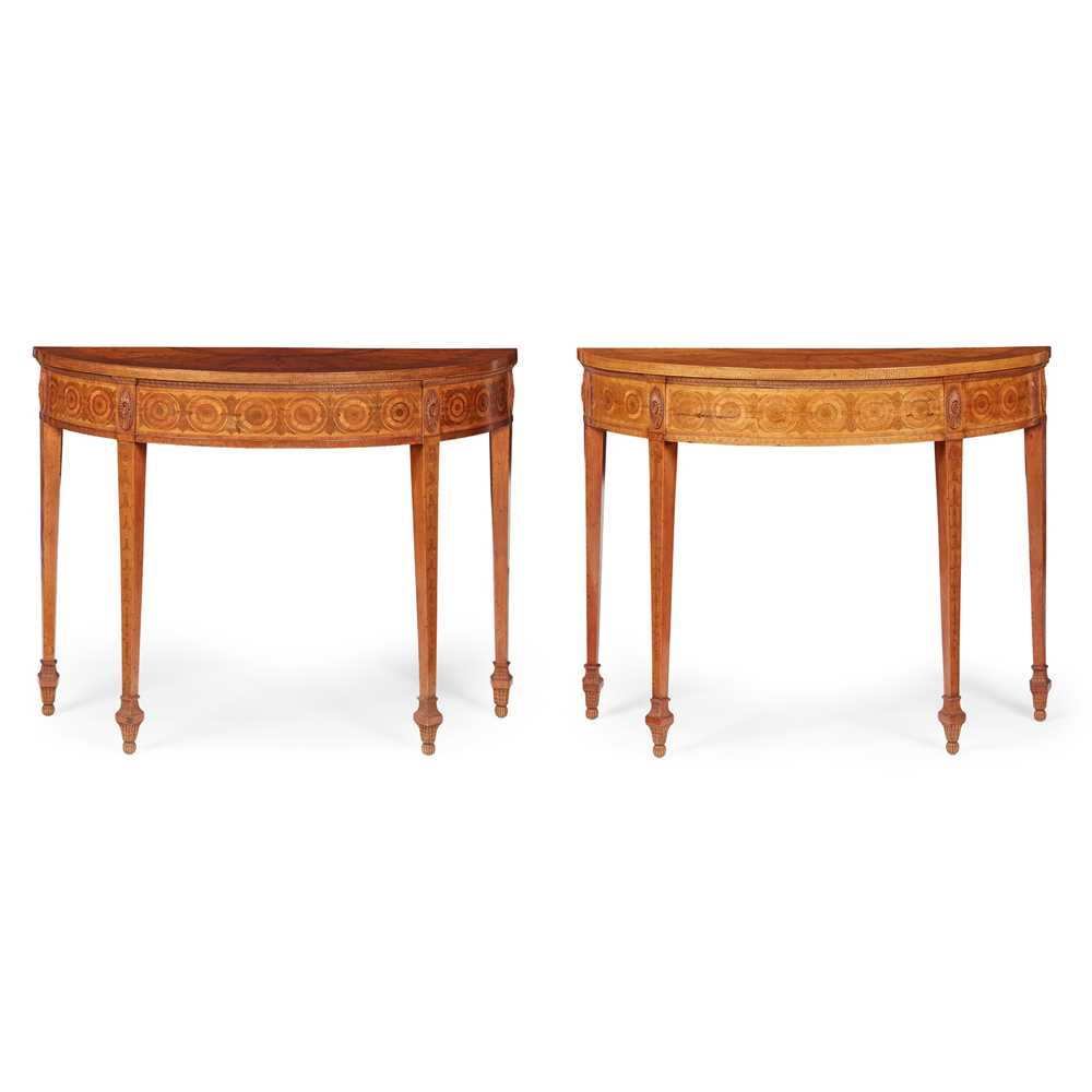 Appraisal: PAIR OF GEORGE III SATINWOOD AND MARQUETRY DEMILUNE CONSOLE TABLES