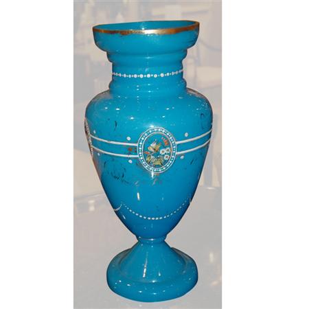 Appraisal: Gilt and Enamel Decorated Blue Opaline Glass Vase Estimate -