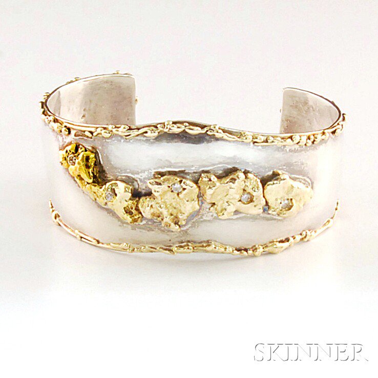 Appraisal: Sterling Silver and kt Gold Cuff Bracelet the silver cuff