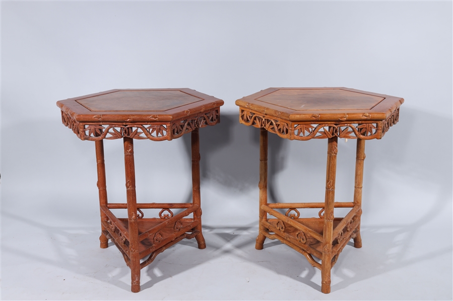 Appraisal: Pair of Chinese carved hexagonal wood side tables with bamboo