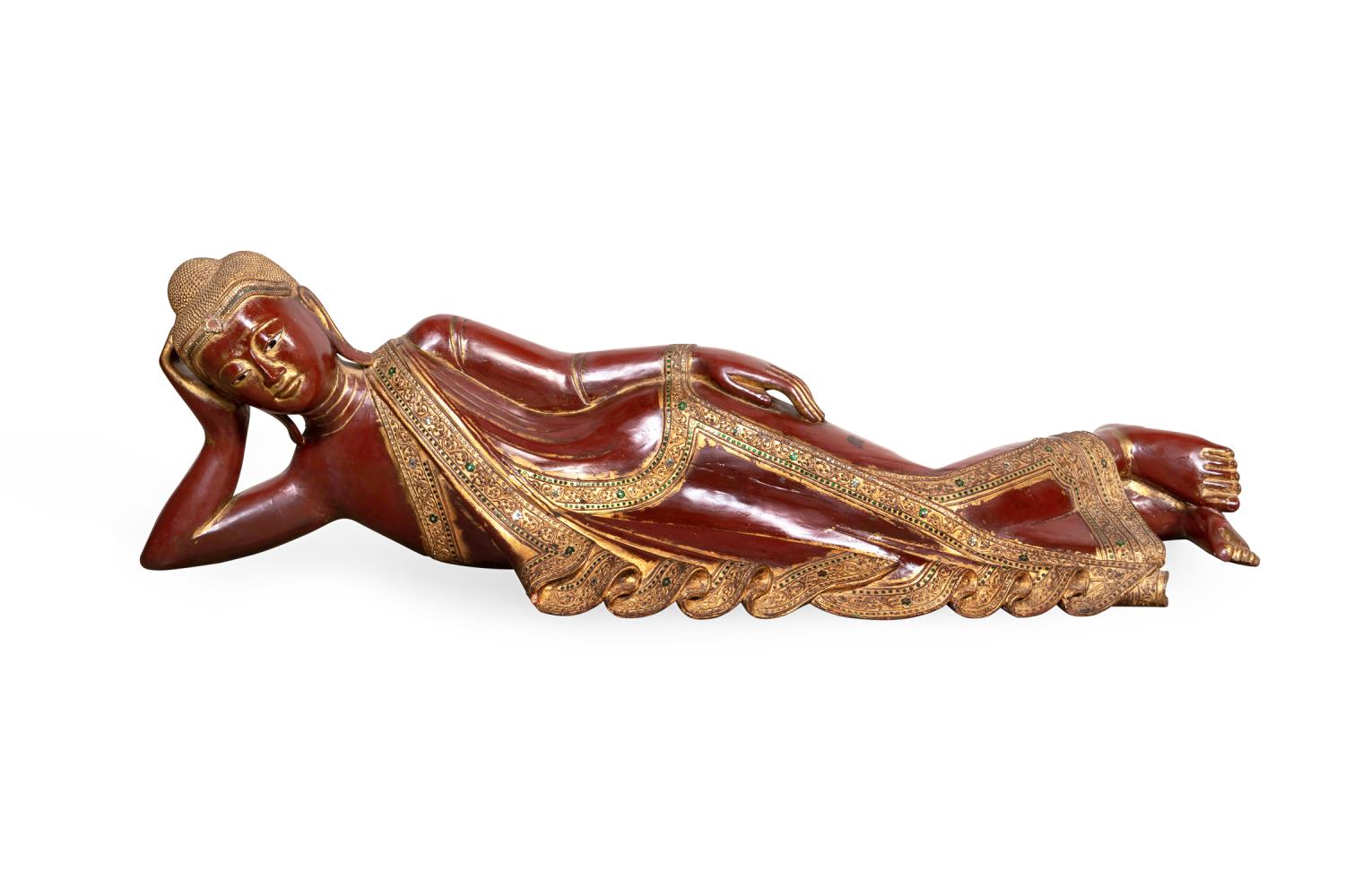 Appraisal: THAI RED CARVED WOOD RECLINING BUDDHA Thai carved wood with