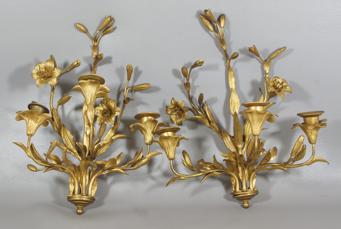 Appraisal: Pr gilt bronze arm wall sconces with lily heads h