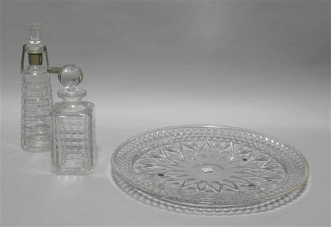 Appraisal: MASSIVE GLASS CIRCULAR PLATTER Together with a square decanter and