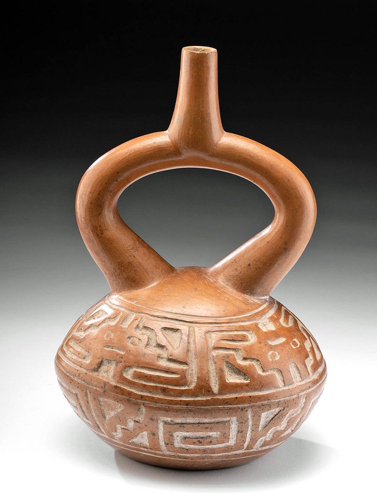 Appraisal: Moche Pottery Stirrup Vessel Abstract Zoomorphs Originally Listed At Pre-Columbian