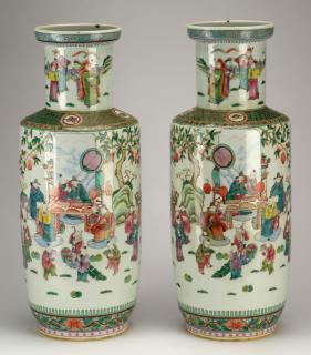 Appraisal: Chinese famille rose rouleau vases h Pair of Chinese famille