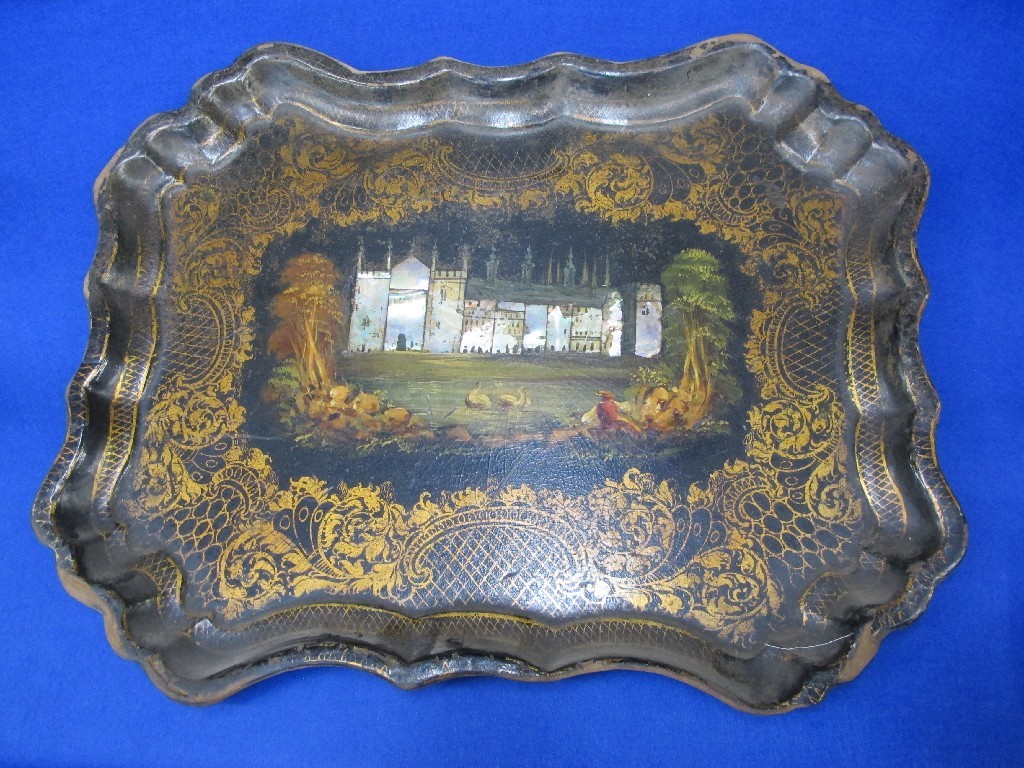 Appraisal: Papier Mache tray with painted and mother of pearl inlaid