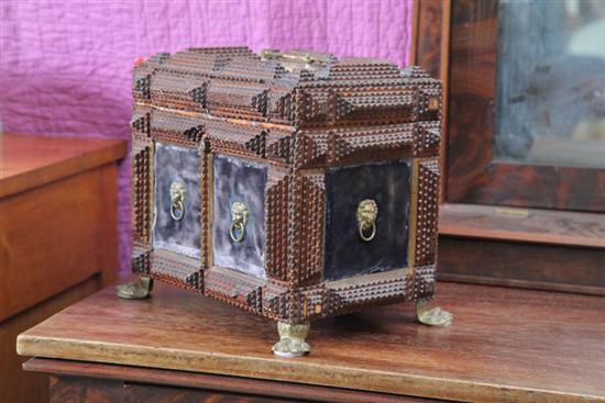 Appraisal: TRAMP ART BOX Velvet lined box with brass handle lions