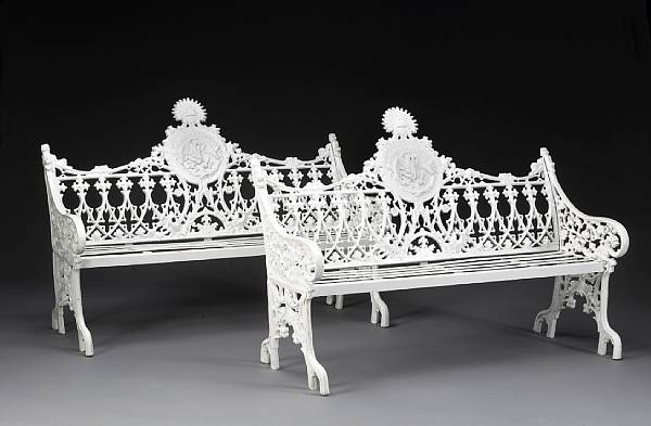 Appraisal: A pair of Victorian style painted cast iron garden benches