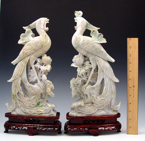 Appraisal: PAIR CHINESE CARVED JADE PHOENIX BIRDS '' high x ''