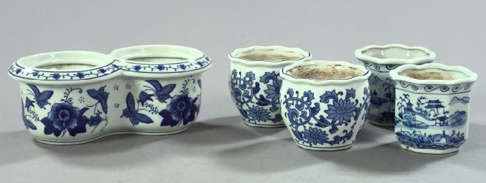 Appraisal: Group of Five Kuang Hsu Blue and White Porcelain Orchid