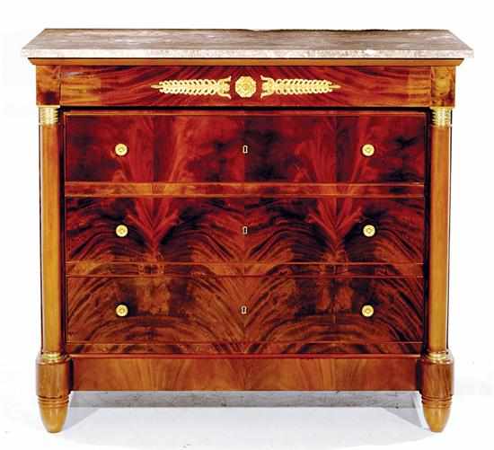 Appraisal: French Empire style mahogany marbletop chest of drawers mid th