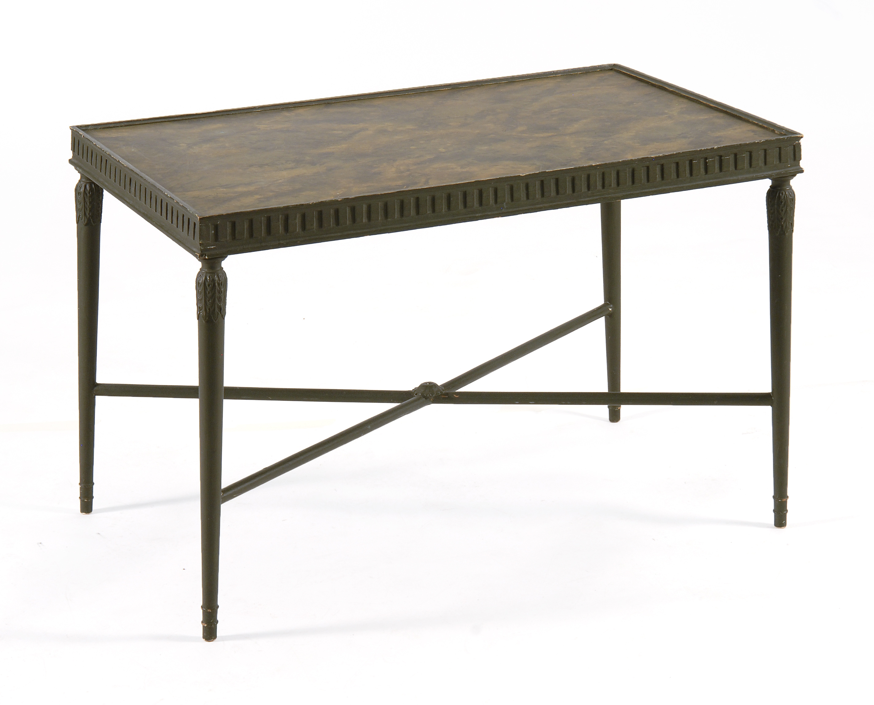 Appraisal: FRENCH-STYLE COFFEE TABLE Base painted green Top with faux tortoiseshell