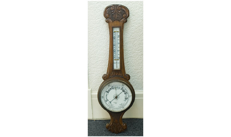 Appraisal: Carved Oak Aneroid Barometer With Thermometer By Kendal Dent London