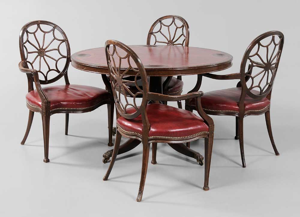 Appraisal: Regency Style Mahogany Poker Table and Chairs th century comprising