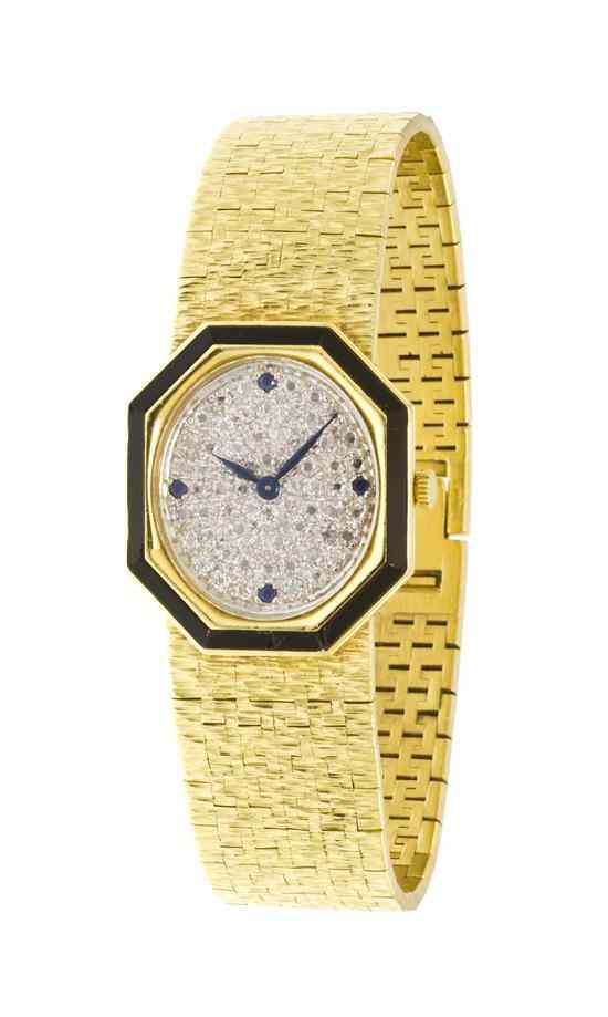 Appraisal: An Karat Yellow Gold Diamond Onyx and Sapphire Wristwatch Piaget