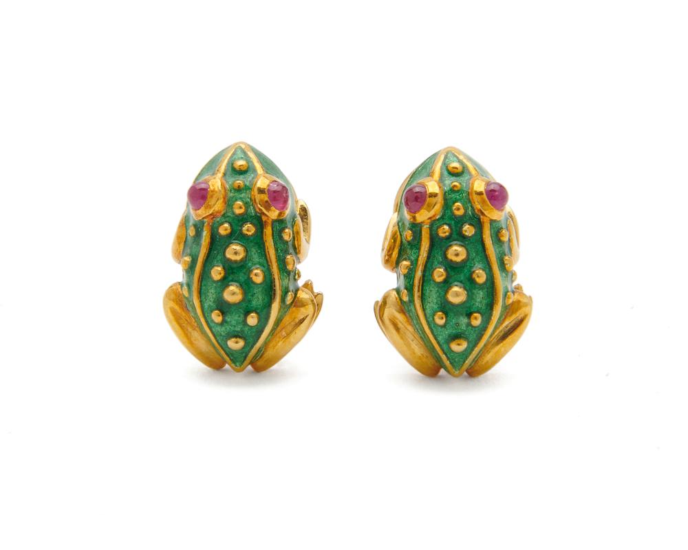 Appraisal: K Gold Enamel and Ruby Earclips the green enamel frog-form