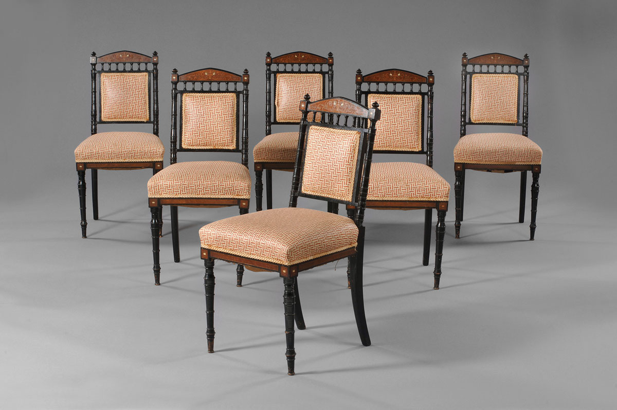 Appraisal: SIX AESTHETIC MOVEMENT EBONIZED SIDE CHAIRS WITH MAHOGANY INLAID PANELS