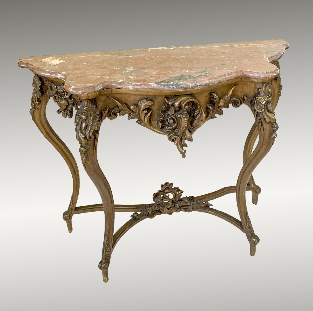 Appraisal: MARBLE TOP HALL TABLE Red grey marble top hall table