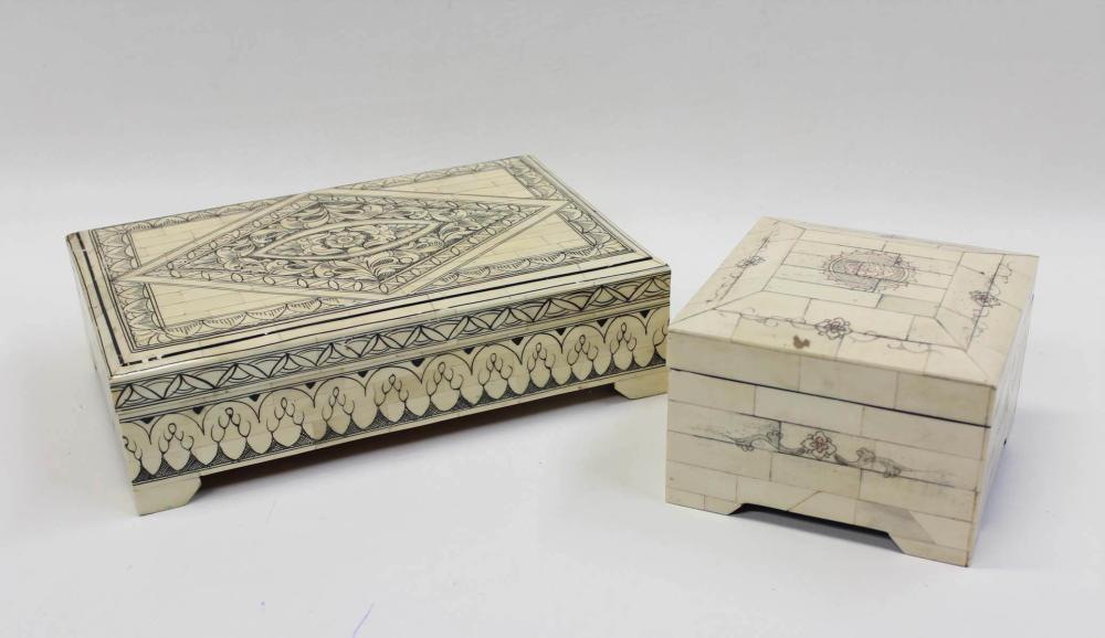 Appraisal: TWO BONE-TILED WOOD BOXES both with scrimshaw design the larger