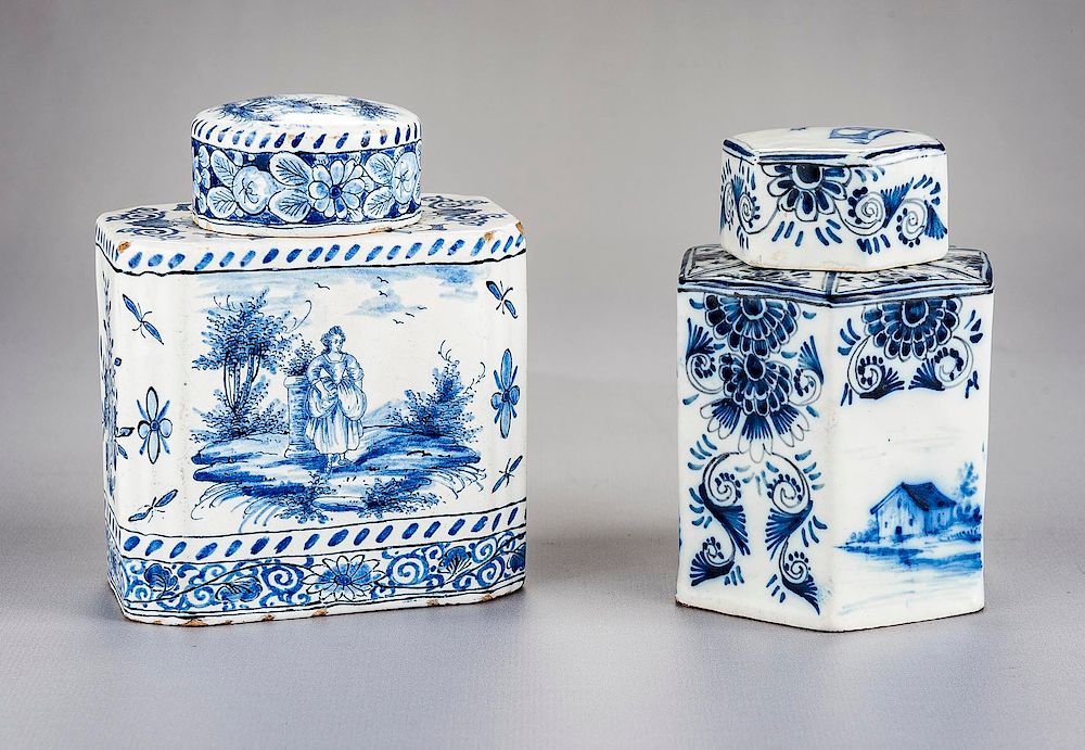 Appraisal: Delft Tea Caddies Incl Greek A DESCRIPTION Two blue and